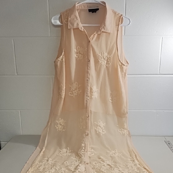 Pink Sheer Netting Embroidered Long Button Up Vest Shirt Side Slits - Picture 13 of 13